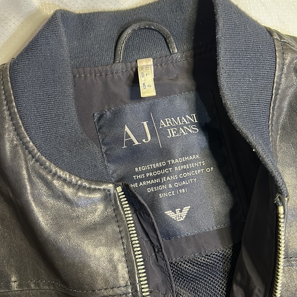 Armani Jeans Leather Jacket Mens Large Navy Blue - Picture 2 of 8